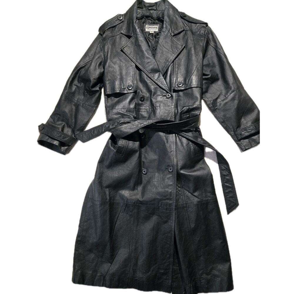 FASHION ELEMENTS Vtg Black Leather Trench Coat Storm Flap Sz L
